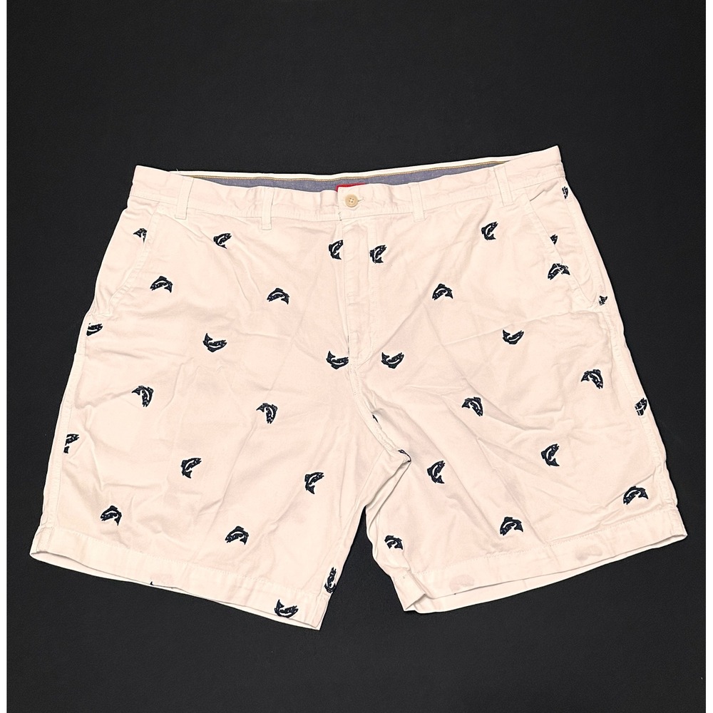 IZOD Saltwater Mens 46 White Navy Fish Embroidered Flat Front Chino Shorts